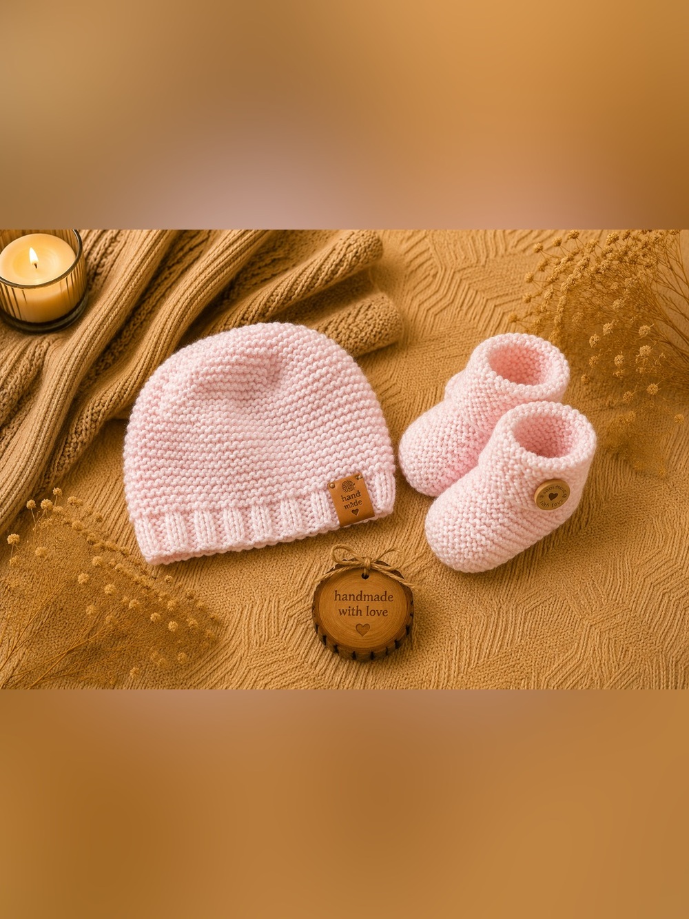 Handmade Pink Baby Hat and Booties Set